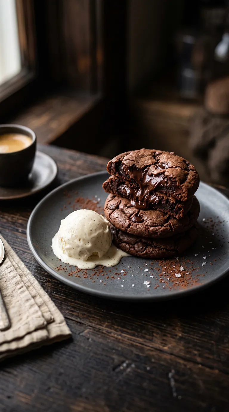 Receta de cokies de chocolate servida tibia en plato de cerámica junto a helado de vainilla derretido