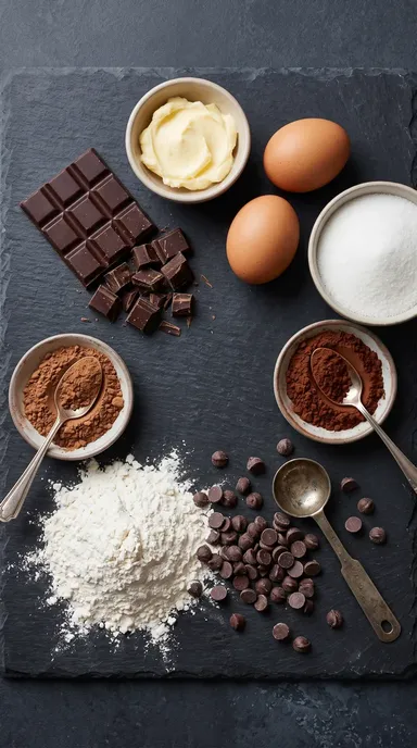 Receta de cokies de chocolate: ingredientes crudos de manteca, huevos, cacao y chocolate semiamargo